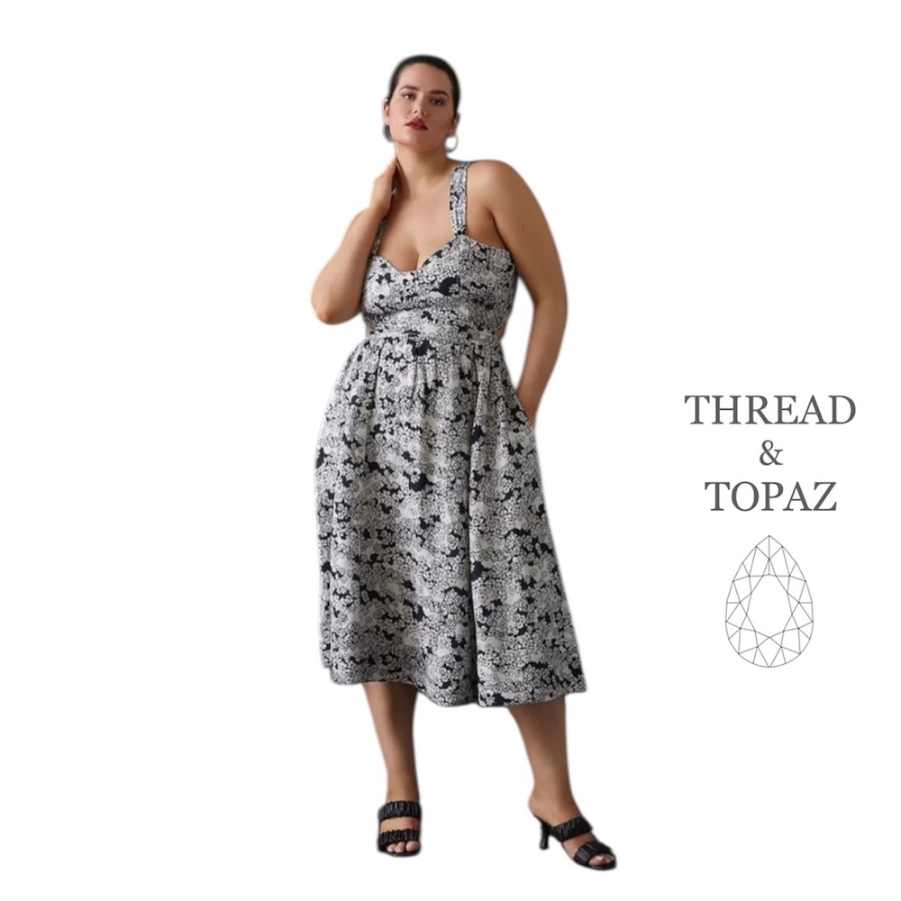 Anthropologie Black & White Floral Print Linen Blend Midi Sundress XL